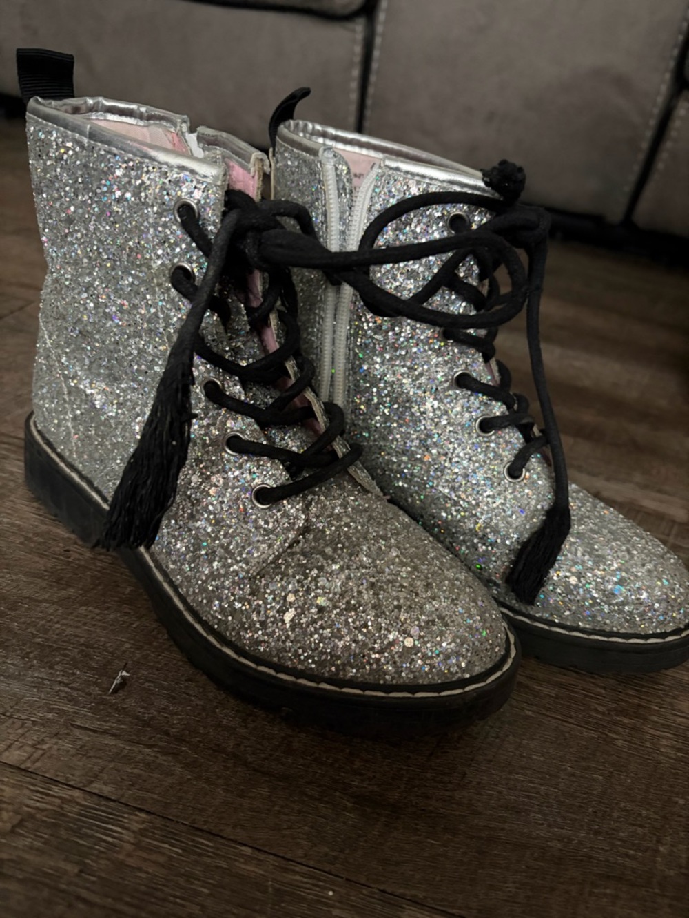 Steve Madden Girls Silver Glitter Lace-Up Combat Boots - Picture 9 of 11
